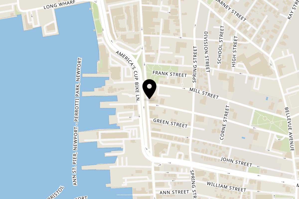 Map showing the location of Newport Chowder Company on 262 Thames St in Newport
